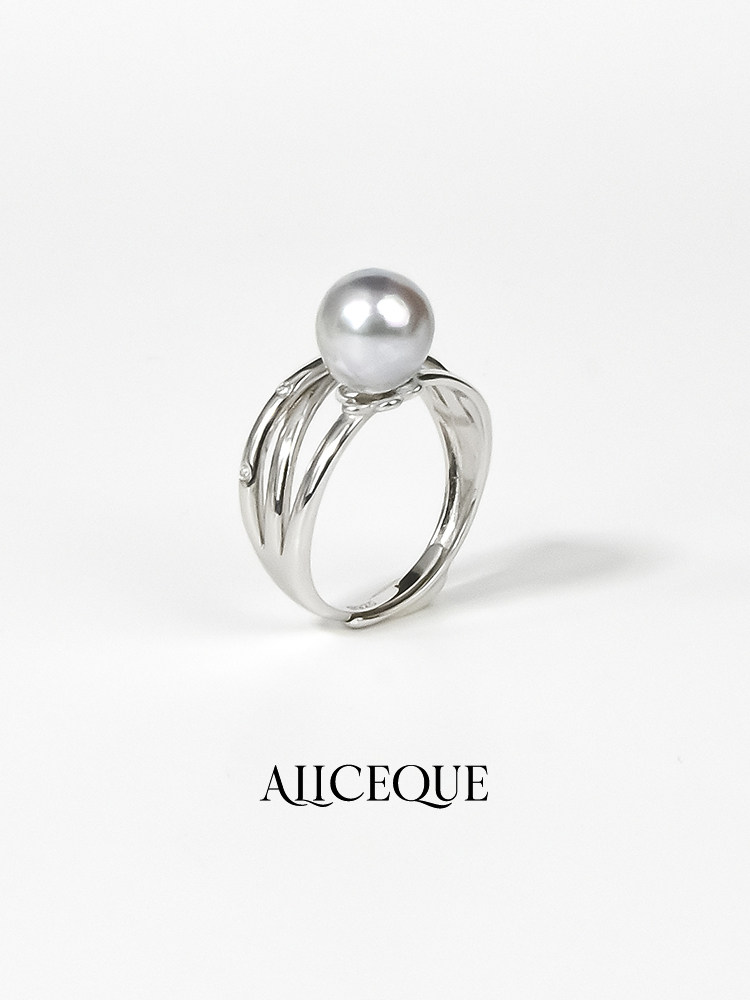 天然海水akoya铂金灰真多麻三环珍珠戒指s925银锆钻镶嵌 戒圈可调