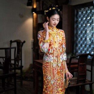 鱼尾手绣复古风龙凤褂秀禾服女立领七分袖红色重工中式嫁衣新中式