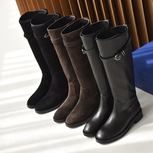 SW新款真皮低跟圆头骑士靴