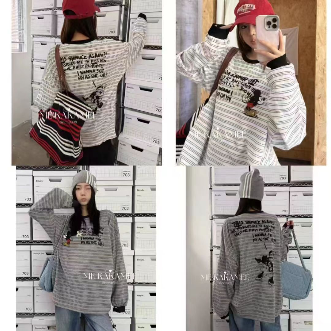 欧洲站2025秋季新款时尚圆领宽松条纹长袖T恤女百搭显瘦上衣潮