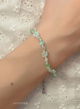 薄荷绿少女日本米珠手工花朵项链