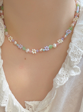 温柔少女紫粉奶白串珠项链