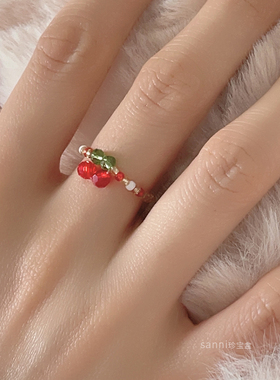 温暖少女感水晶樱桃串珠戒指