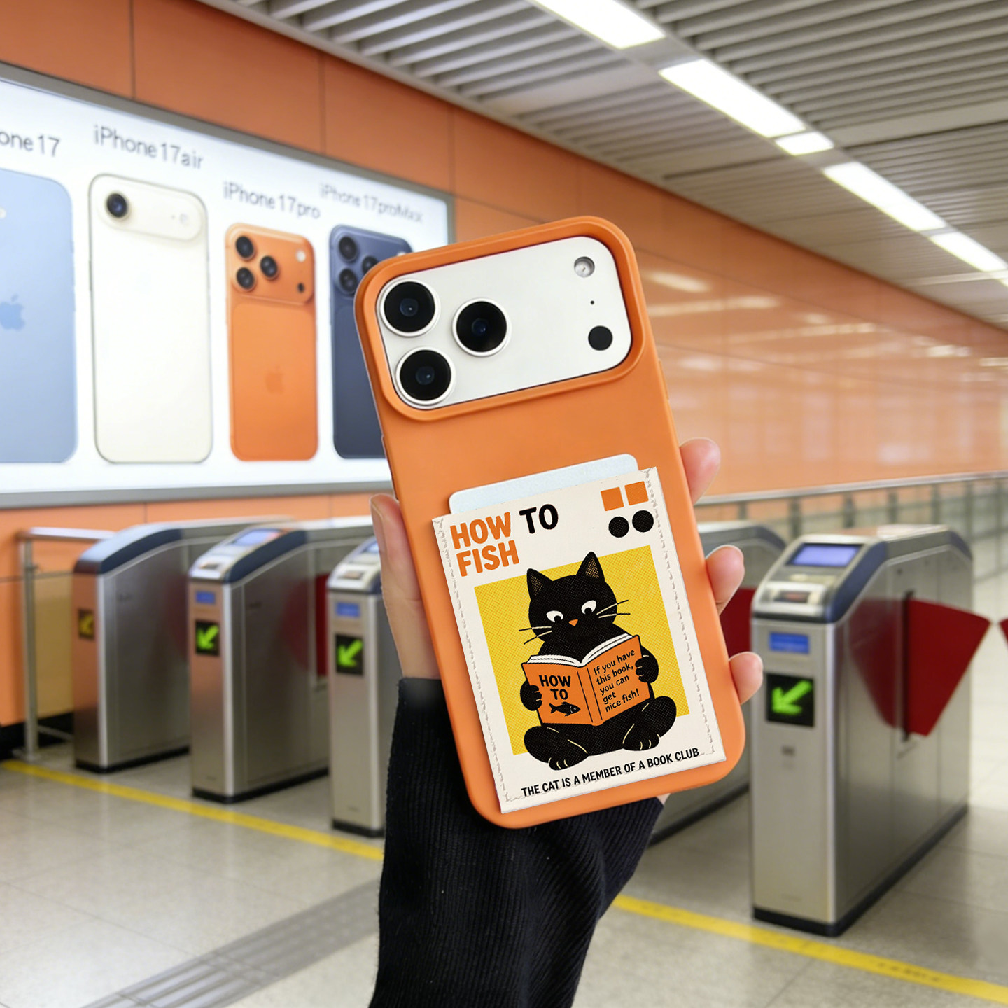 猫咪学习可爱装卡手机壳带卡包iphone17promax独立软皮质插卡16promax交通卡套15/14/13大孔17pro身份证15pro