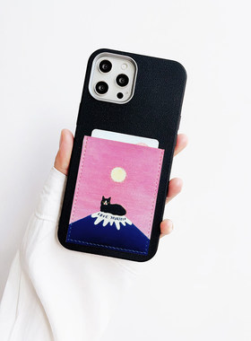 富士山猫咪插卡包手机壳苹果安卓