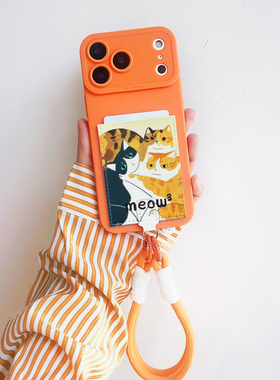 三次方猫咪 苹果17promax手机壳带卡包16promax皮质装卡套iPhone17pro旅行便携证件16/15/14精孔挂绳防摔插卡