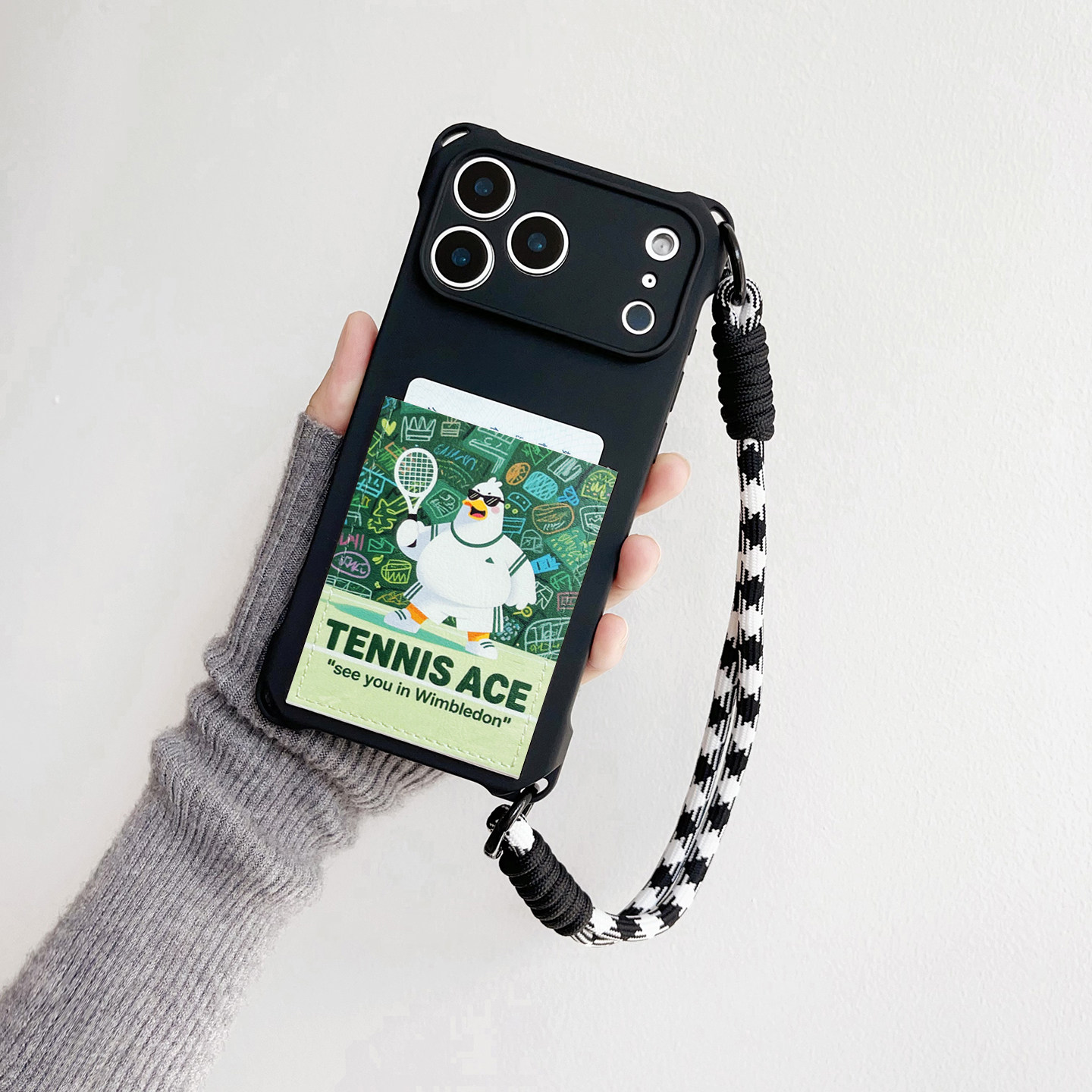 健康打网球鸭带卡包手机壳装卡iphone17promax独立皮质插卡16promax交通卡套15/14/13挂绳苹果17pro门禁15pro