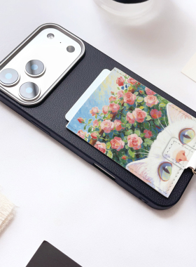 POPPACASE 蔷薇猫咪文艺一体固定卡包手机壳iPhone17pro大孔苹果17promax身份证皮套16/15/14/13挂绳旅游FFBM