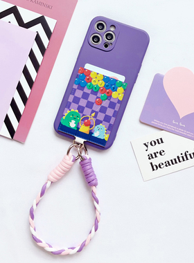 可爱紫色卡通手机壳带卡包适用iPhone16promax挂绳防摔15pro独立隔层卡套16/15/14苹果13门禁身份证插卡12pro