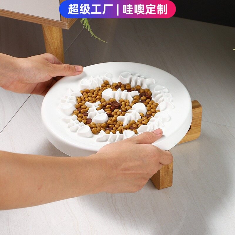 哇噢定制实木加高猫咪狗狗陶瓷防噎慢食碗护颈缓食器防滑防打翻图片