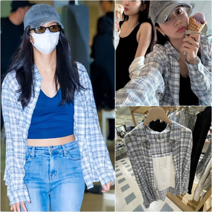 JISOO金智秀同款 衬衣防晒衫 衬衫 韩国设计师品牌宽松褶皱格纹长袖