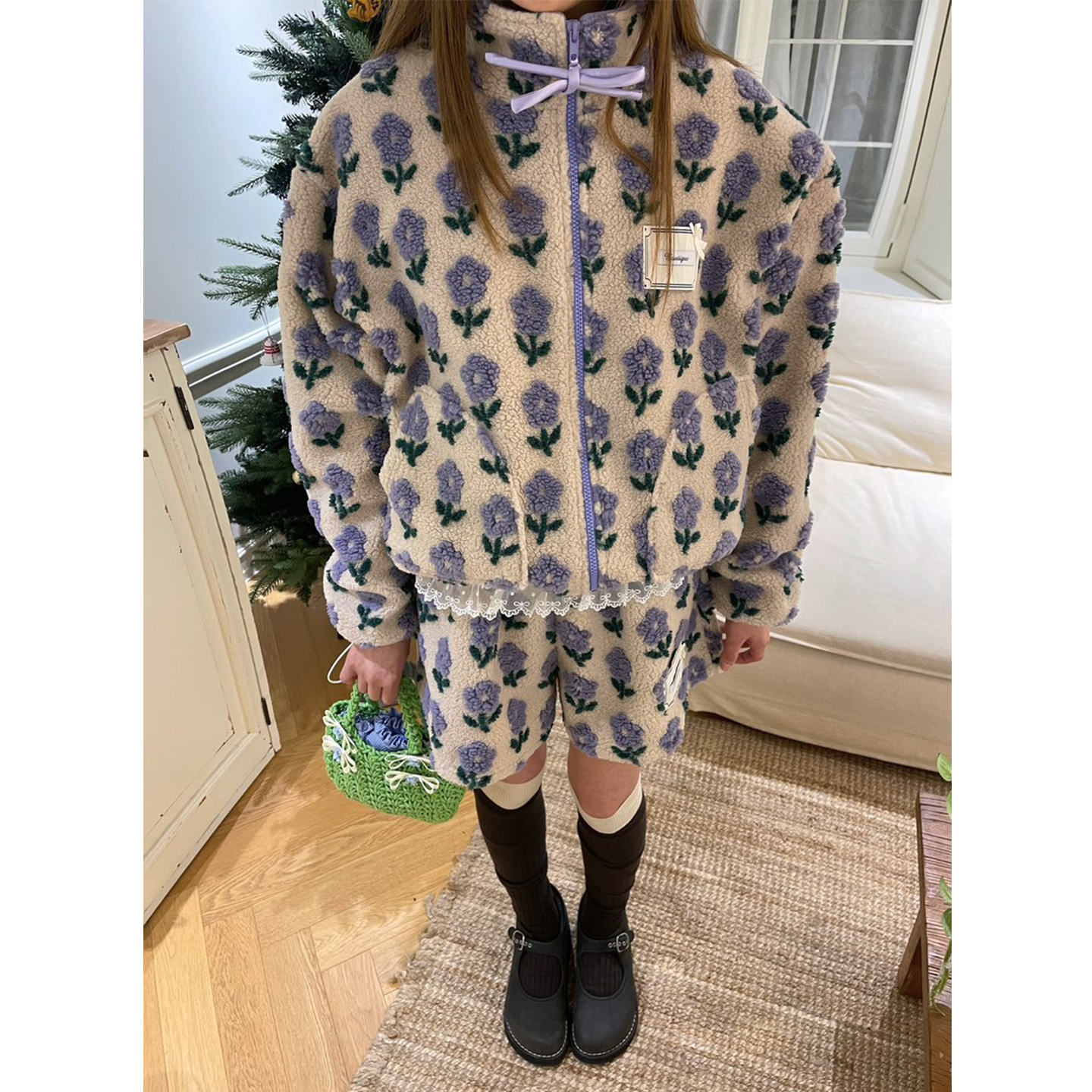 拉链羊羔毛厚外套短裤套装