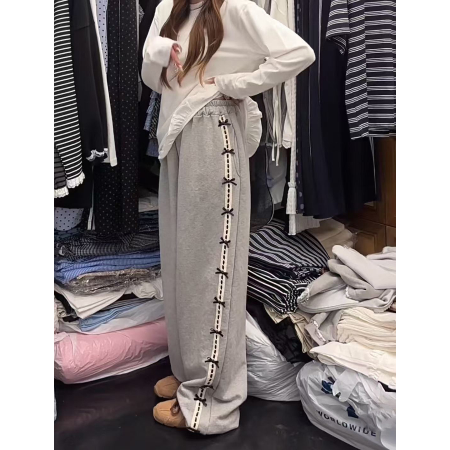 韩国东大门2025秋季时尚侧边蝴蝶结休闲卫裤松紧腰运动裤阔腿裤女