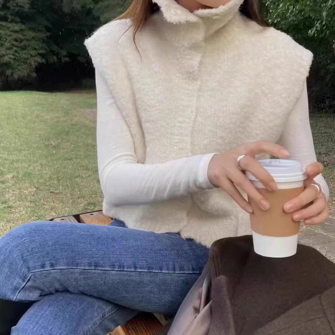 韩国东大门女洋气高领毛茸茸针织马甲毛衣背心外套