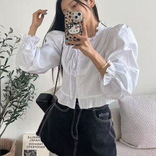 韩国东大门2025秋蝴蝶结绑带宫廷风长袖 立领衬衣上衣 黑白色衬衫