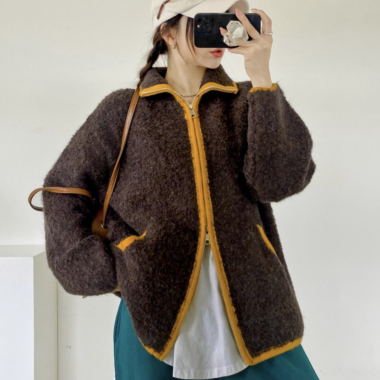 拼色双头拉链羊羔毛针织毛衣外套