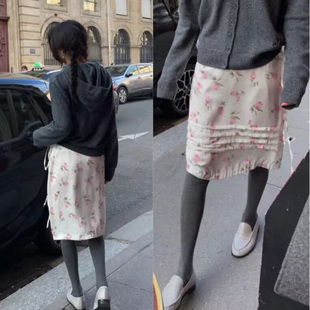 韩国东大门2026春复古时髦印花柔美压褶系带舒适碎花中裙半身裙女