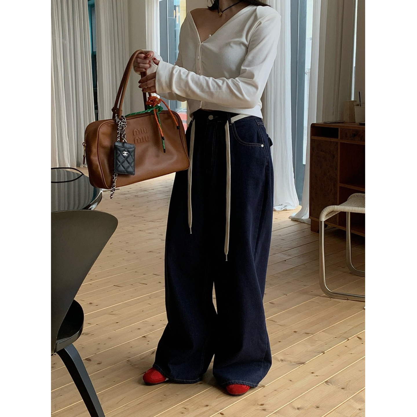 韩国东大门2025秋冬新款高腰洋气系带休闲牛仔裤阔腿裤长裤