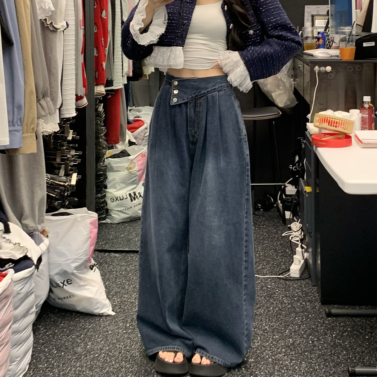 宽松水洗牛仔裤高腰阔腿裤