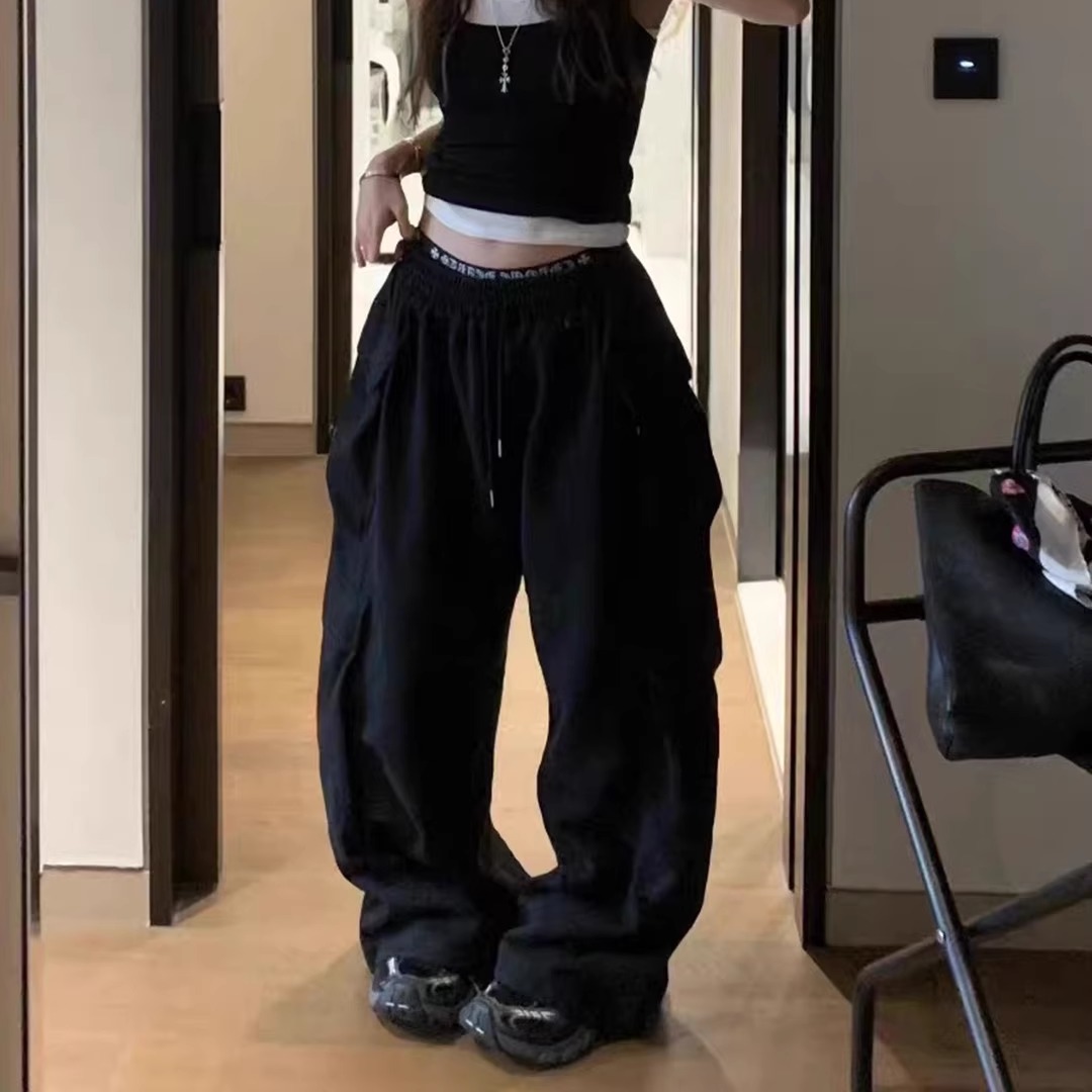 韩国东大门2025秋时尚高腰大口袋抽绳束脚直筒休闲裤卫裤阔腿裤女