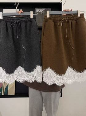 现 tara by motion韩国东大门2025 蕾丝拼接花边毛呢系带半身裙女