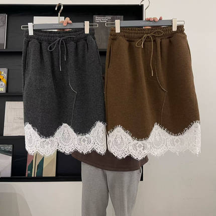 现 tara by motion韩国东大门2025 蕾丝拼接花边毛呢系带半身裙女