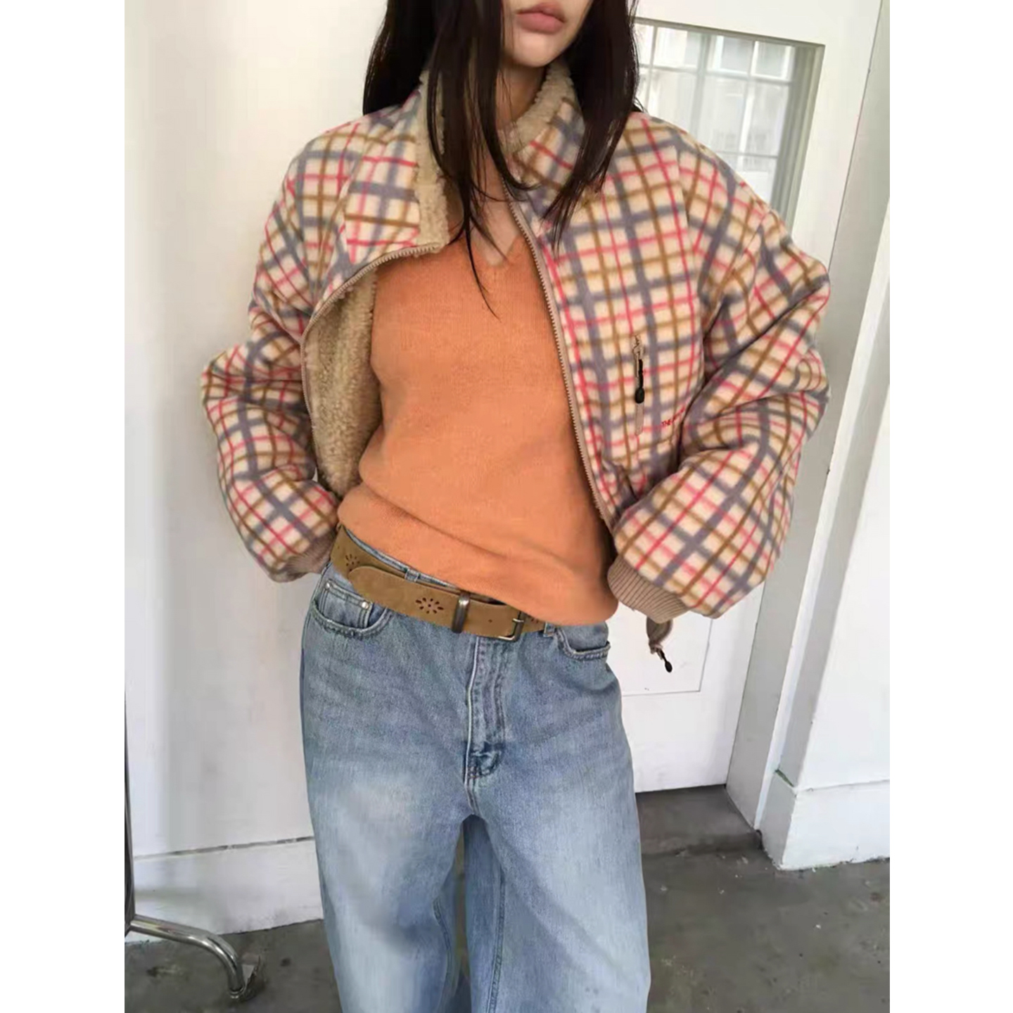 洋气两面穿格子棉服羊羔毛外套