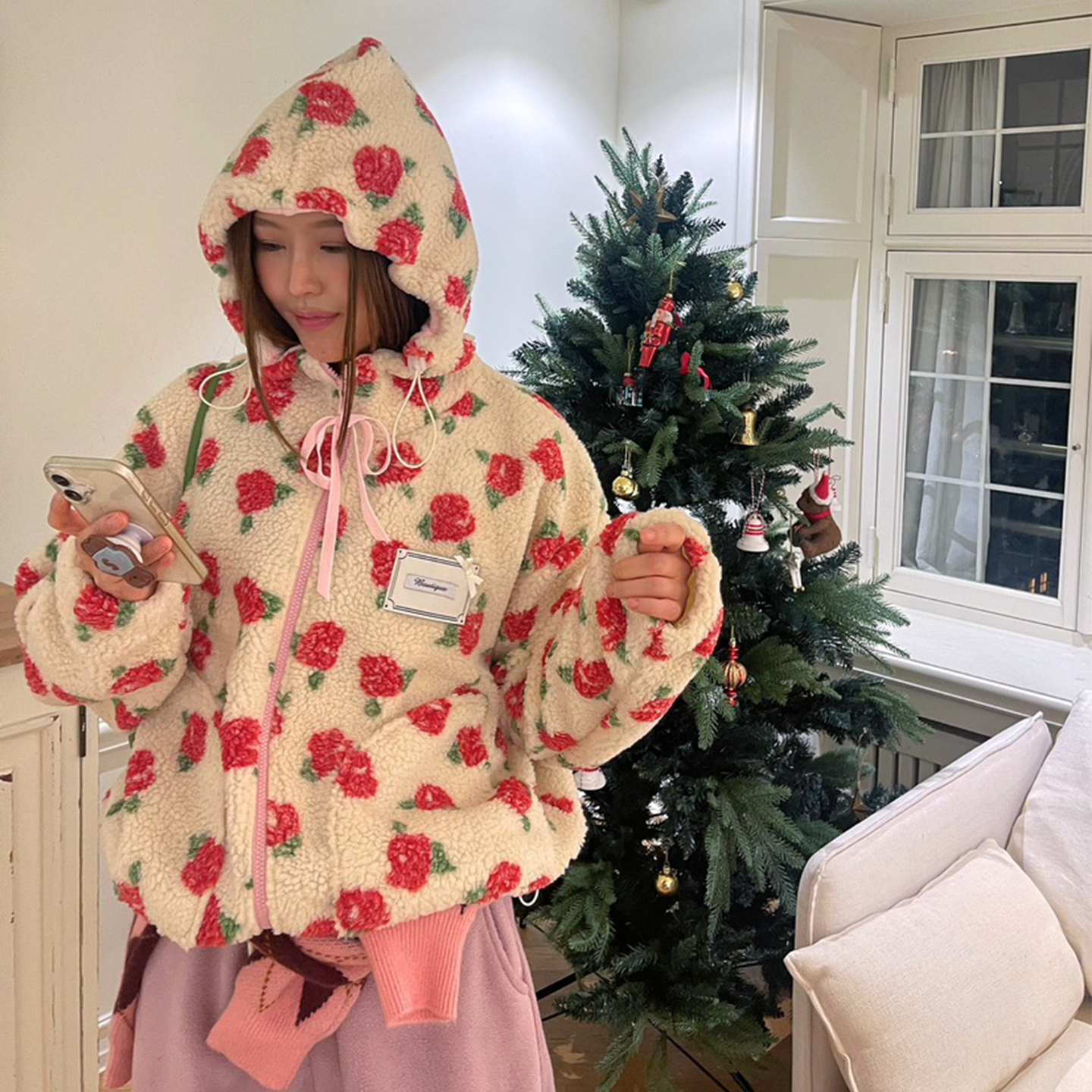 拉链连帽卫衣羊羔毛草莓外套