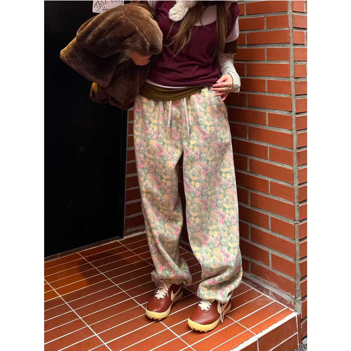 冬季抽绳松紧腰碎花加绒休闲裤