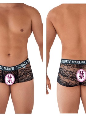 Candyman新款囊袋蕾丝纹镂空透明性感男士平角裤-99616
