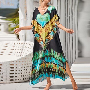 新款民族风扎染复古棉绸连衣裙子大摆长裙三亚海边度假大码沙滩裙