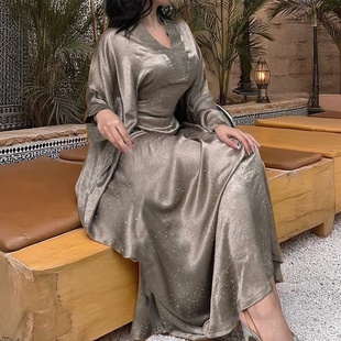 高级感阿拉伯迪拜中东埃及长袍女装老钱风时尚烫钻连衣裙礼服长裙