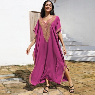 2025夏季新款迪拜埃及中东民族风重工刺绣连衣裙宽松长裙度假长袍