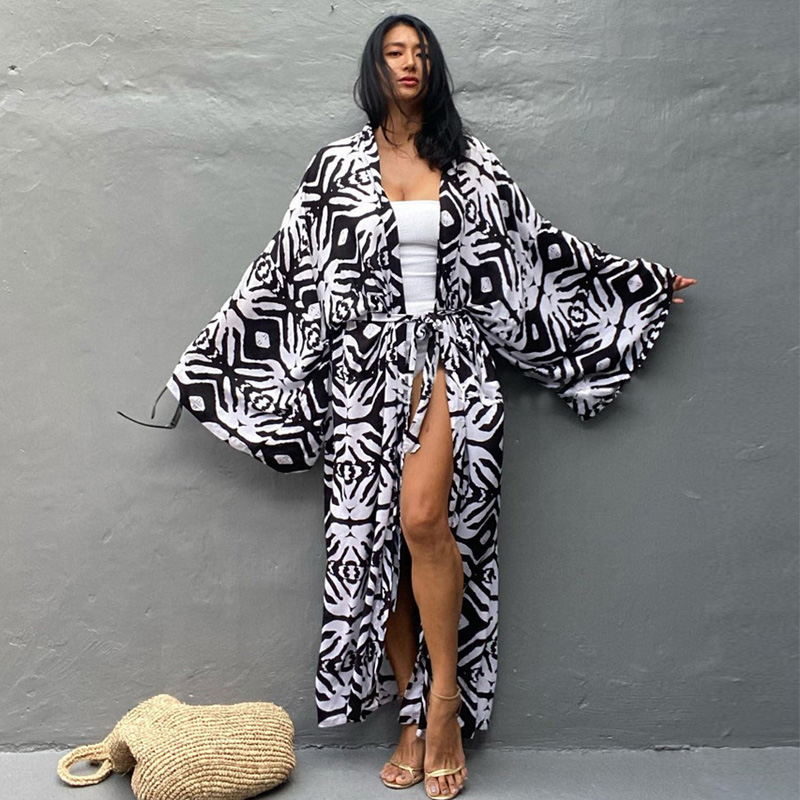 夏季新款外套薄款气质印花宽松度假长袖防晒服中长款外搭文艺开衫