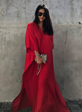 2025欧美泰国云南海南旅行拍照红色连衣裙显瘦海边度假沙滩长裙子