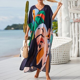 新款法式气质大码显瘦印花棉连衣裙子云南三亚海边度假沙滩长裙女