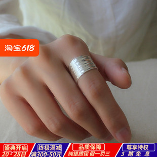 锤纹戒指男女开口食指戒 原创手工纯银指环990足银时尚 云丝纹宽版