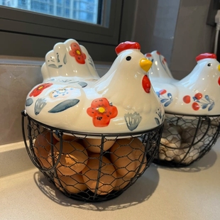 创意可爱带盖小鸡收纳筐厨房鸡蛋收纳篮家用复古陶瓷母鸡装 饰篮子