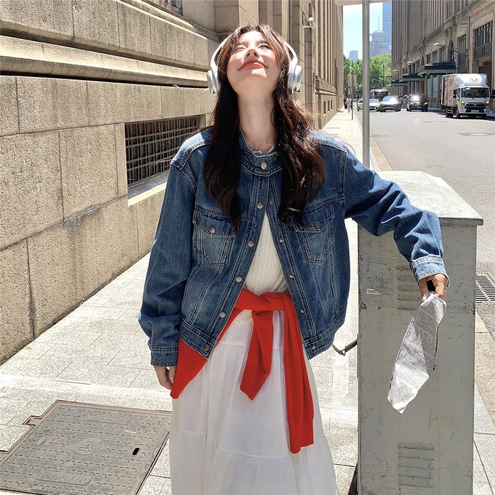 蓝色港风又a又飒短款牛仔外套秋