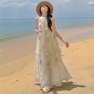 法式 海边度假立体植物花挂脖连衣裙女2025年夏季 穿搭绝美长裙子