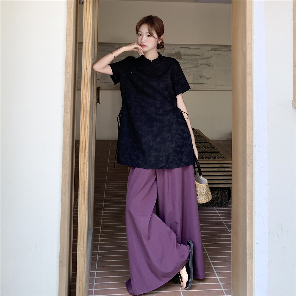 新中式国风提花盘扣旗袍套装女2025夏新款高级感气质阔腿裤两件套