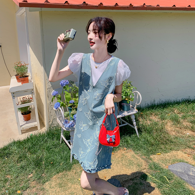 法式提花牛仔背心连衣裙套装女夏季2025新款小个子洋气减龄两件套