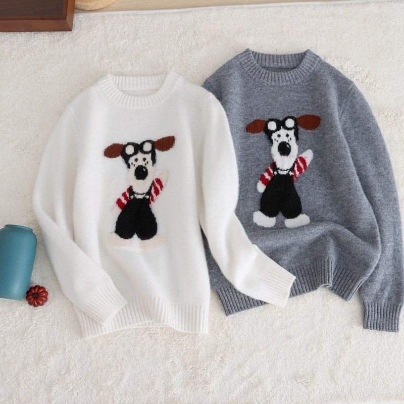 100%羊毛【卡通小狗】秋冬儿童双股加厚圆领纯羊毛衫男女童毛衣