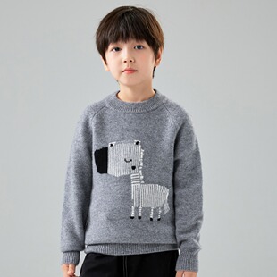 100%羊毛秋冬双股加厚提花图案男女童纯羊毛衫中大童套头针织外穿