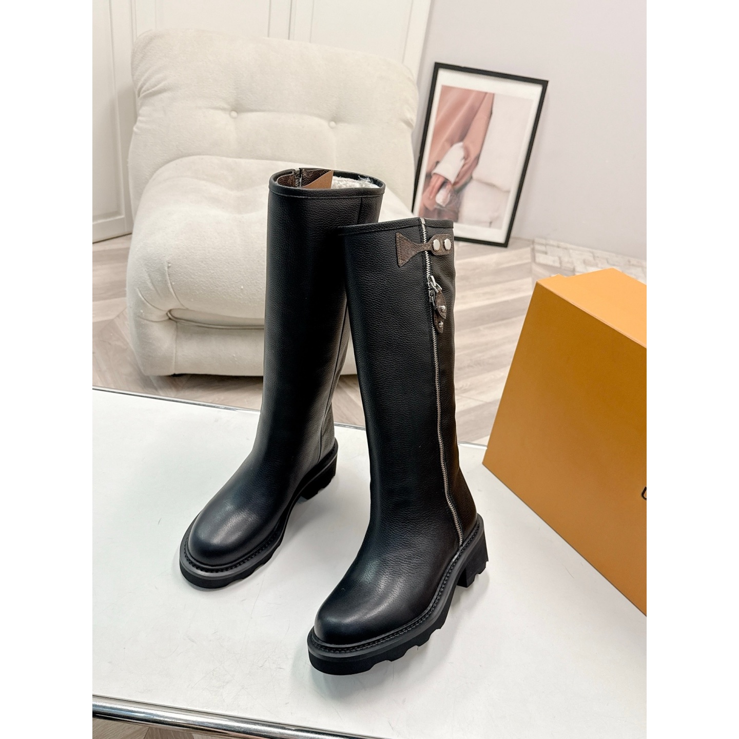 英伦风真皮骑士靴女侧拉链厚底靴