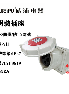 威浦WEIP航空插座 工业插座TYP8819（4芯32A）明装插座 IP67防浸