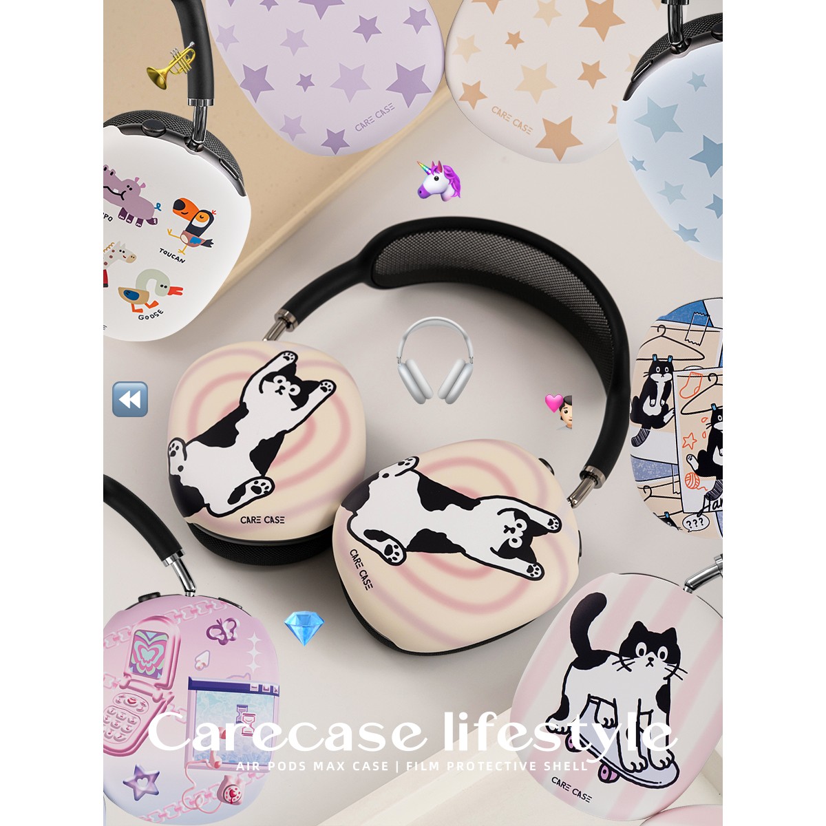 原创菲林保护壳头戴式蓝牙耳机壳保护套 适用苹果AirPods Max 韩国进口材质硬壳卡通插画涂鸦简约