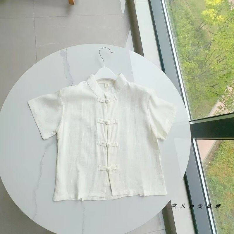 儿童复古盘扣立领短袖唐装衬衫宝宝棉麻汉服上衣夏季古装表演服薄