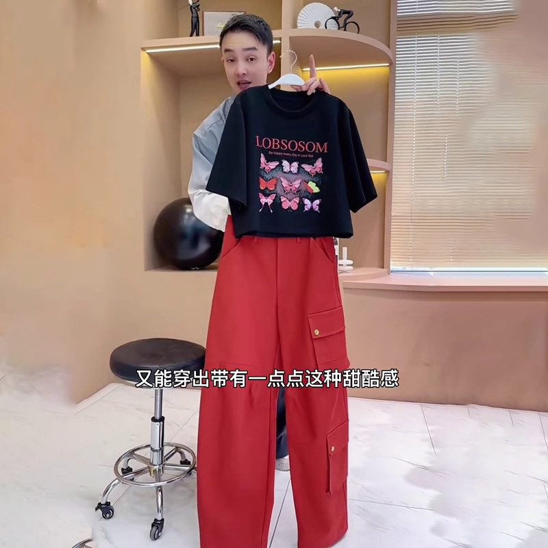欧货夏季短袖运动套装女2025新款时尚洋气宽松工装阔腿裤两件套潮