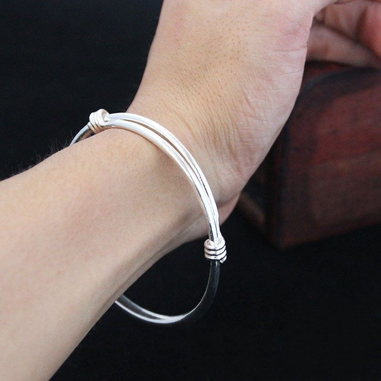 镀银光面圆肚女成人银手镯网红流行光圈大手环白搭调节合金手饰品